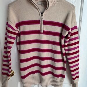 LOFT Cream Sweater with Pink Stripes Half-Zip